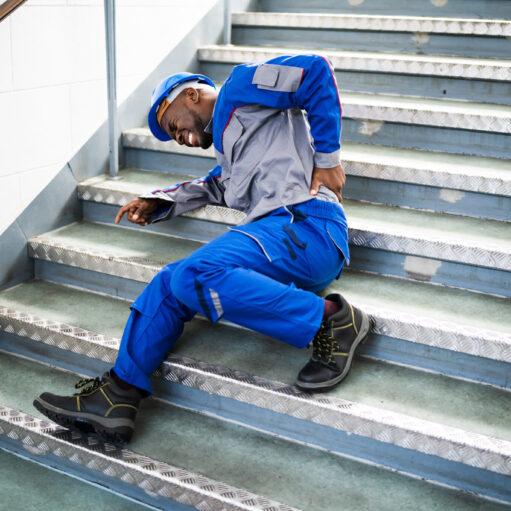 Worker Man Lying On Staircase After Slip And Fall Accident
